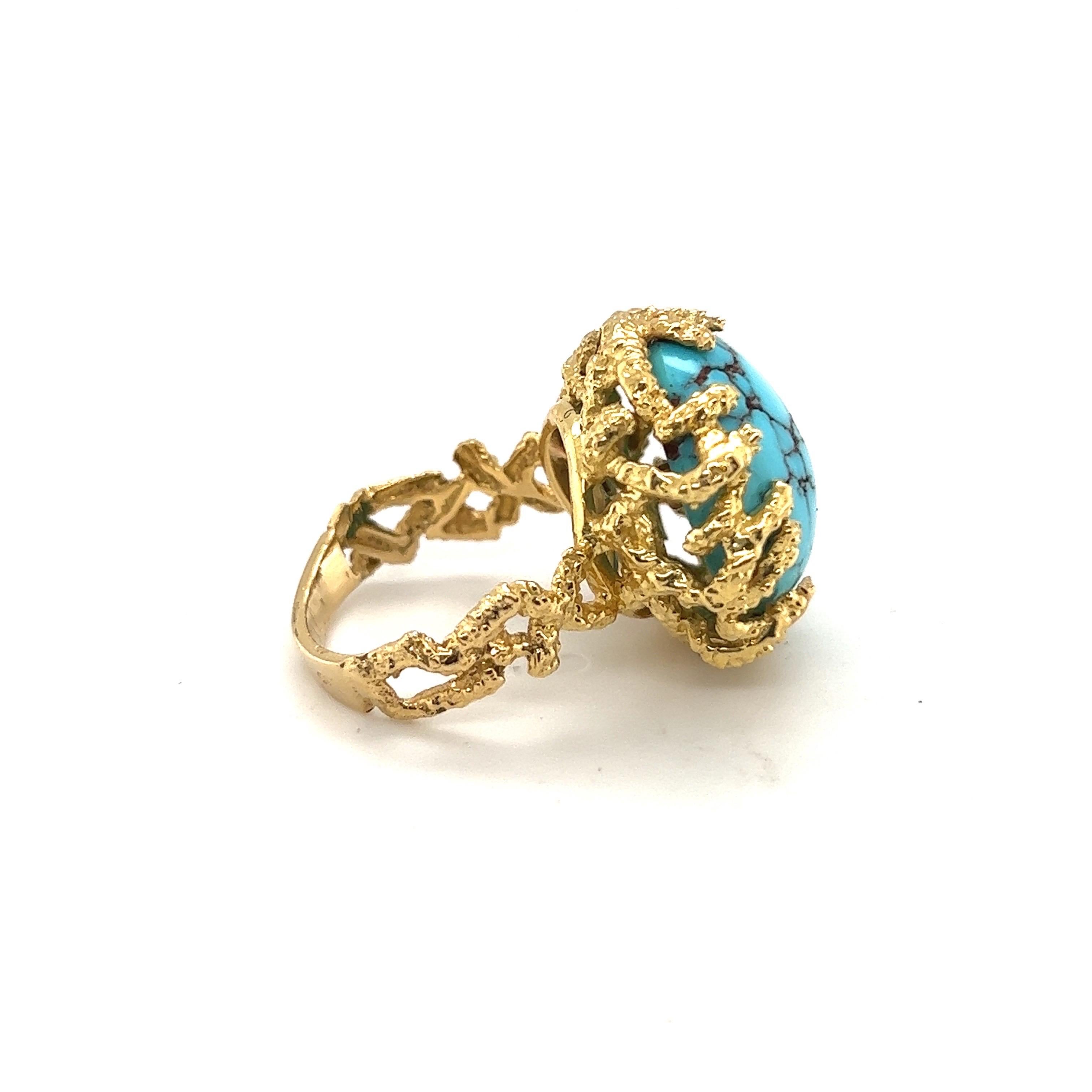 Moderniste Bague cocktail en or jaune 18 carats et turquoise, vers les années 1960 en vente