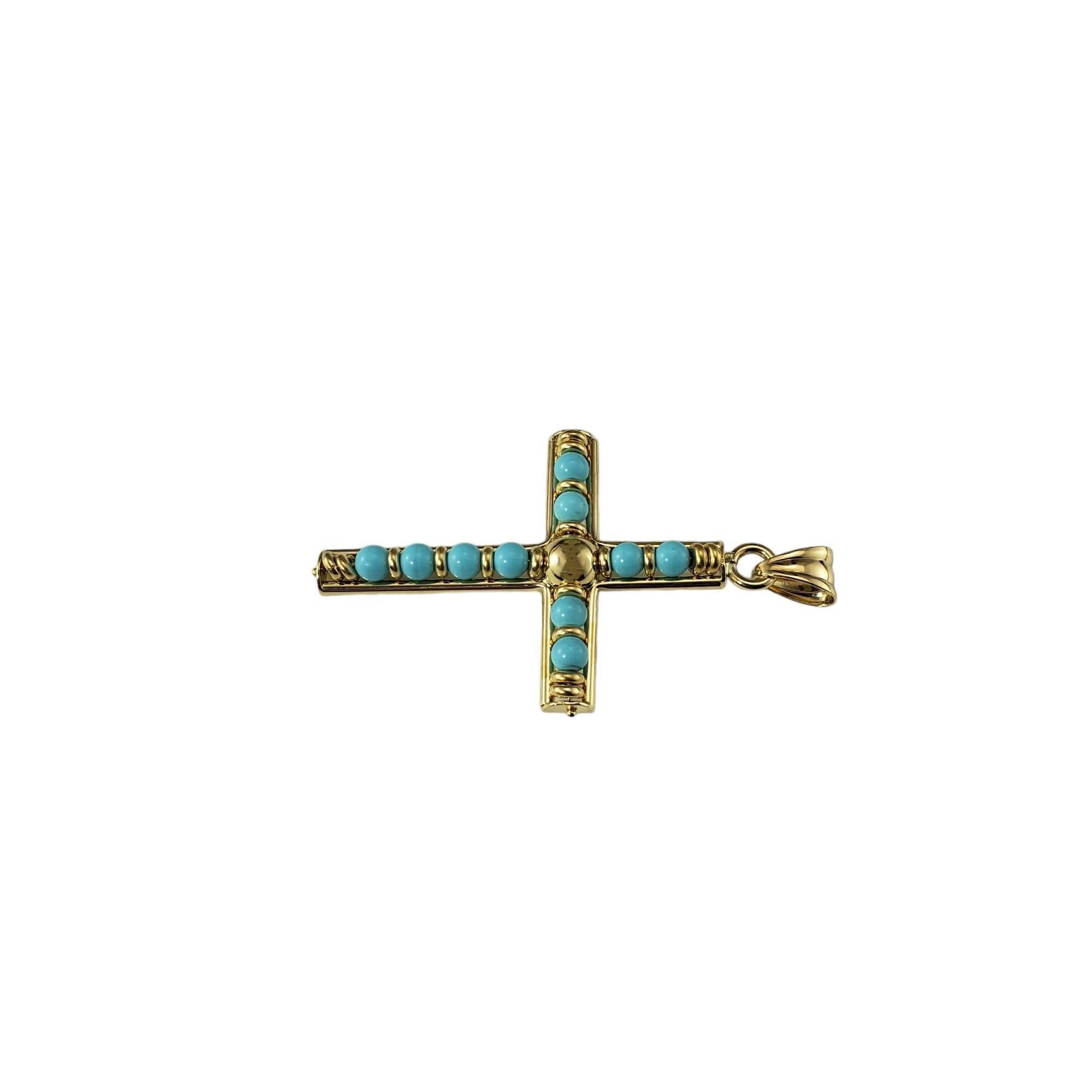 18 Karat Yellow Gold and Turquoise Cross Pendant

This elegant cross pendant features 10 round turquoise stones (3 mm each) set in beautifully detailed 14K yellow gold.

Size: 44.5 mm xx 32 mm

Stamped: Italy 18KT

Weight: 3.0 dwt./ 4.7 gr.

*Chain