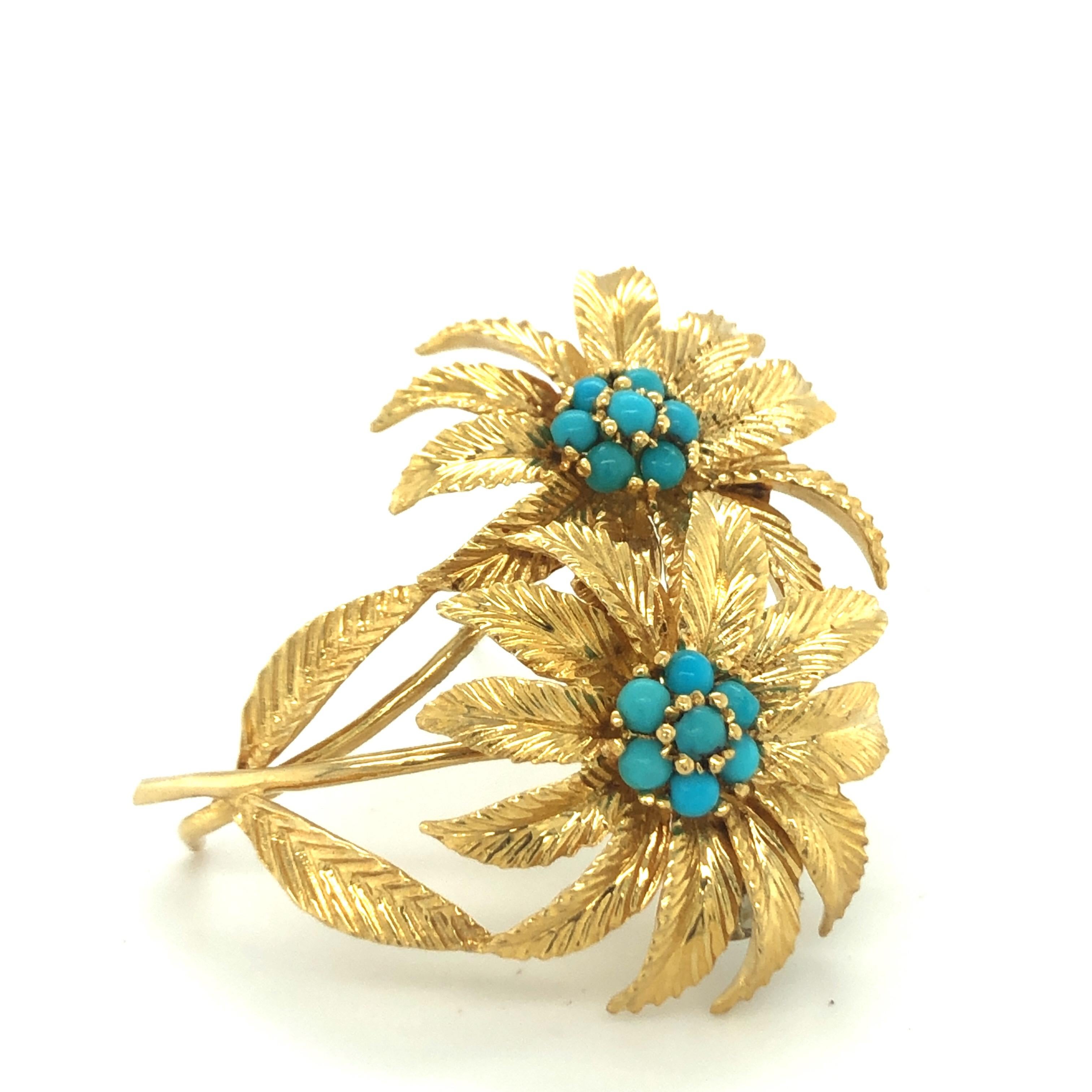 Modern 18 Karat Yellow Gold and Turquoise Flower Brooch