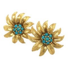 Vintage 18 Karat Yellow Gold and Turquoise Flower Ear Clips