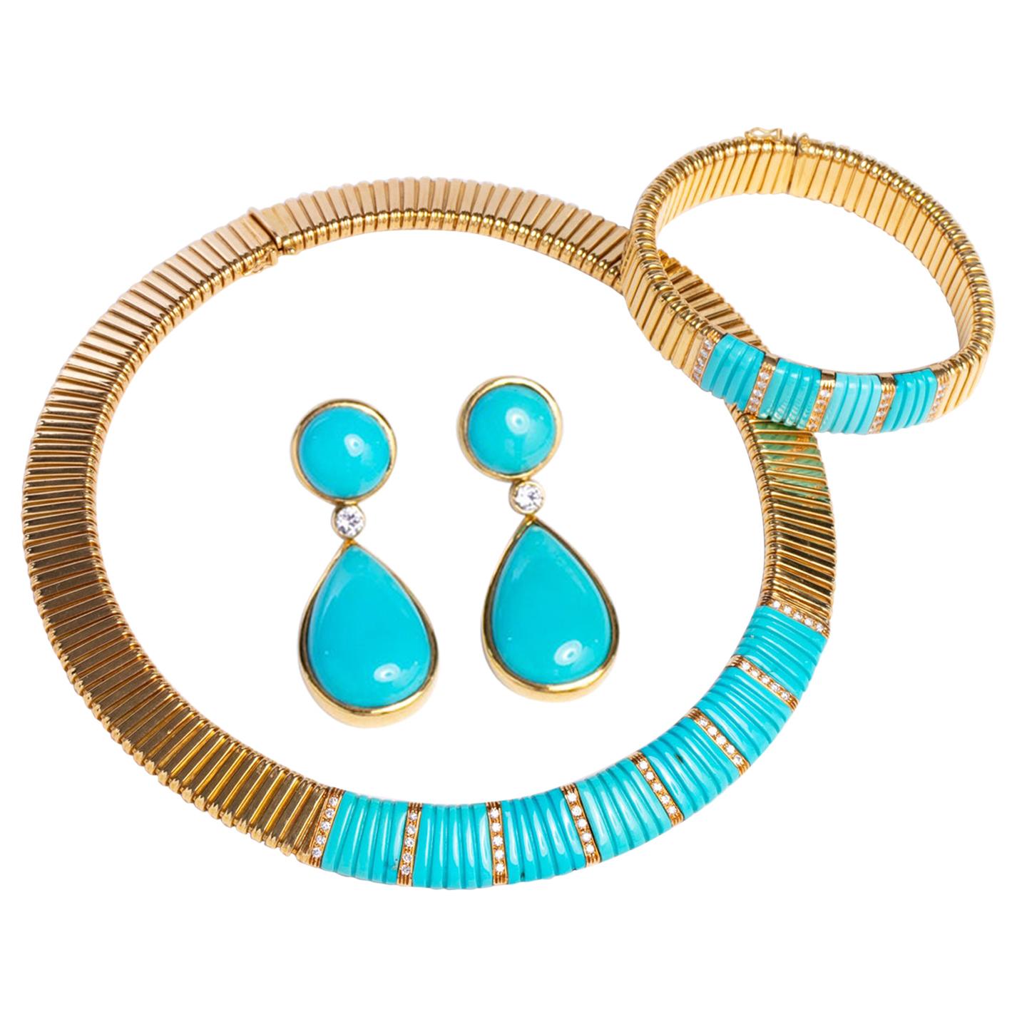 18 Karat Yellow Gold and Turquoise Necklace, Bracelet and Earrings