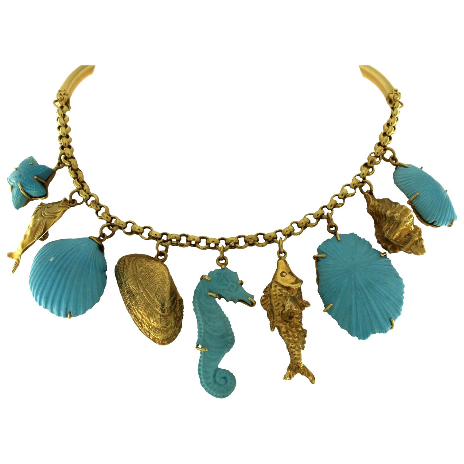 18 Karat Yellow Gold and Turquoise Necklace For Sale