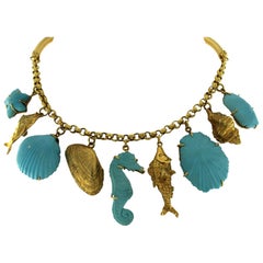 Retro 18 Karat Yellow Gold and Turquoise Necklace