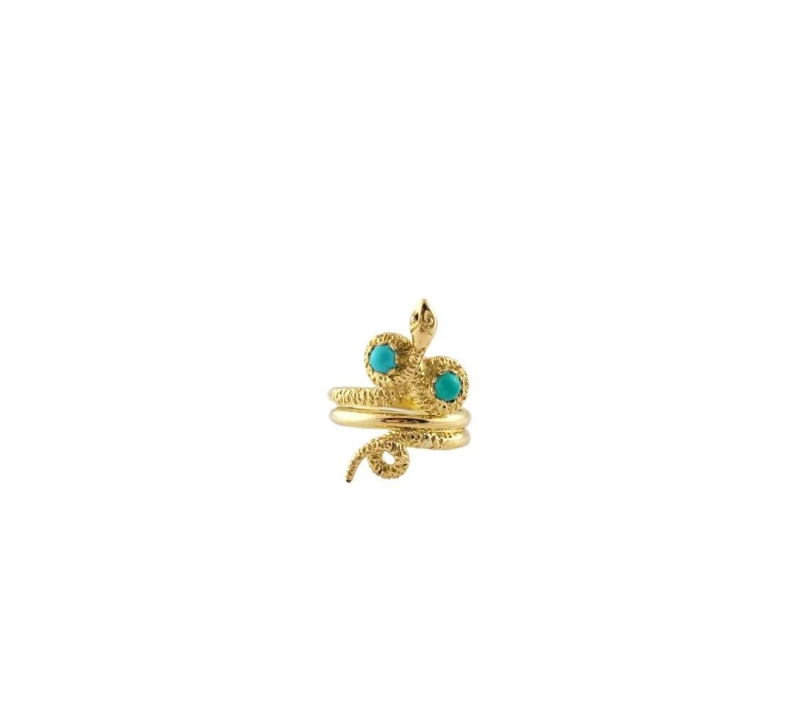 This lovely snake ring features two turquoise stones set in beautifully detailed 14K yellow gold.  

Width: 26 mm. 

Shank: 5 mm.

Ring Size: 7.5 - flexible

Weight:  7.4 gr./  4.7 dwt.

Stamped:  750 A.76

Very good condition, professionally