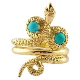 18 Karat Yellow Gold and Turquoise Snake Ring Size 7.5 #16616 For Sale