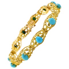 18 Karat Yellow Gold and Turquoise Vintage Line Bracelet