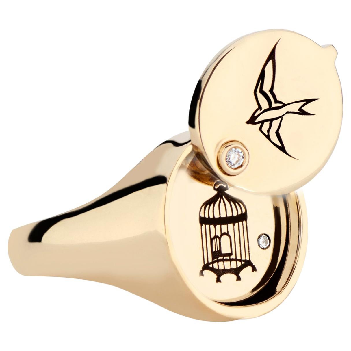 18 Karat Yellow Gold and White Diamond Nightingale Conservatory Signet Ring For Sale