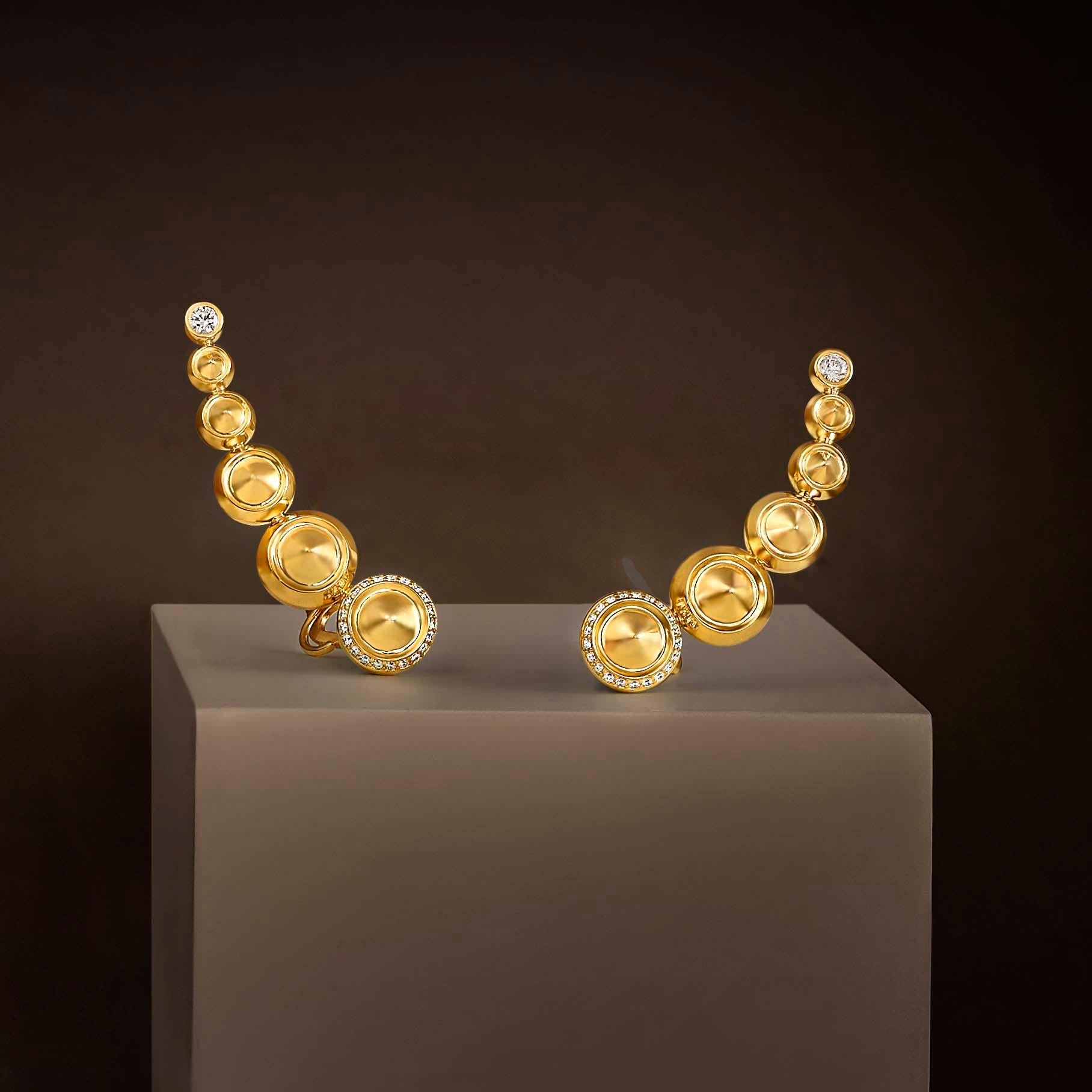 Modern 18 Karat Yellow Gold and White Diamonds Climber Earrings