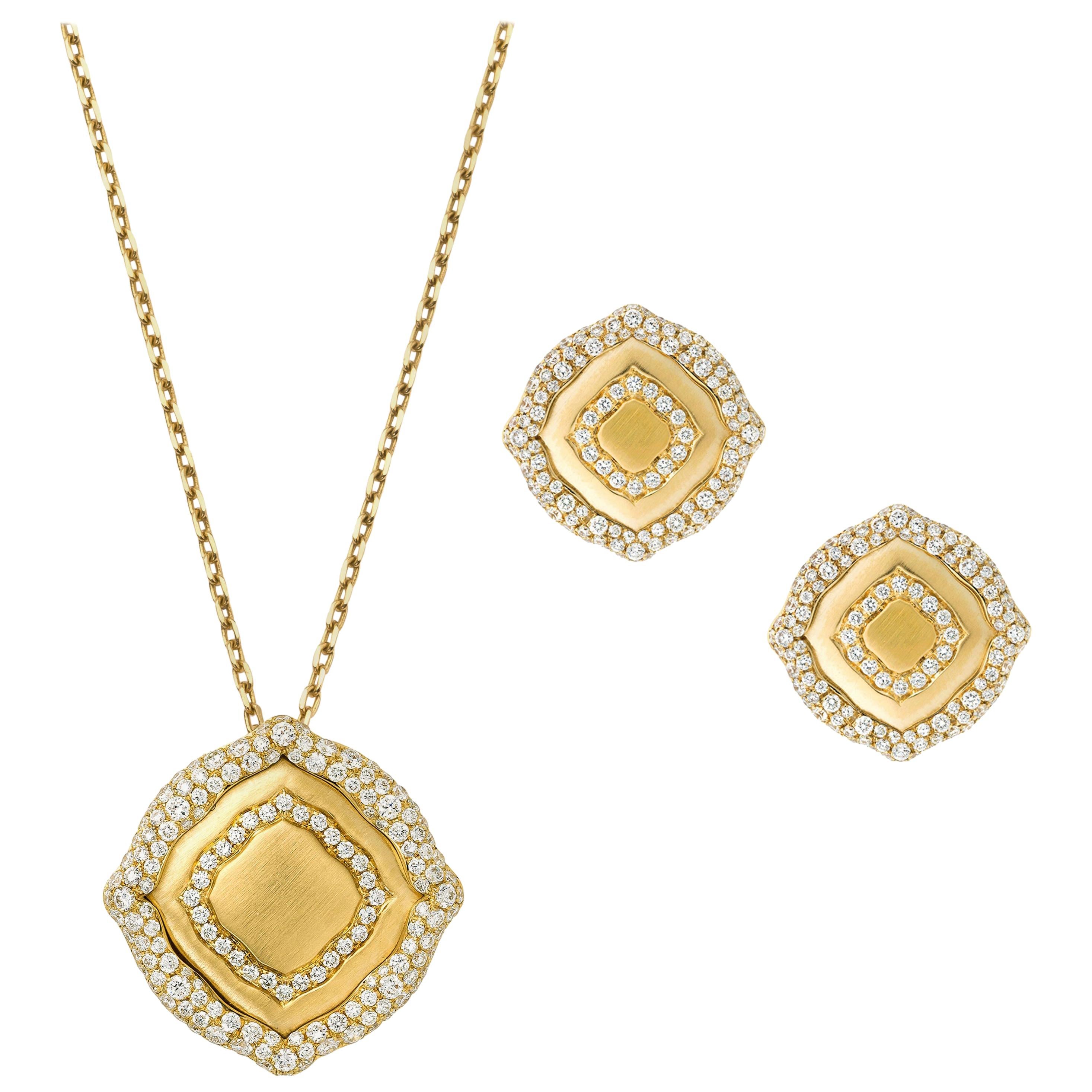 Geometric Unique Set, 18 Karat Gold 3 Diamond Earrings and 9 Diamonds