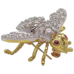18 Karat Yellow Gold and White Gold Diamond and Ruby Bee Brooch
