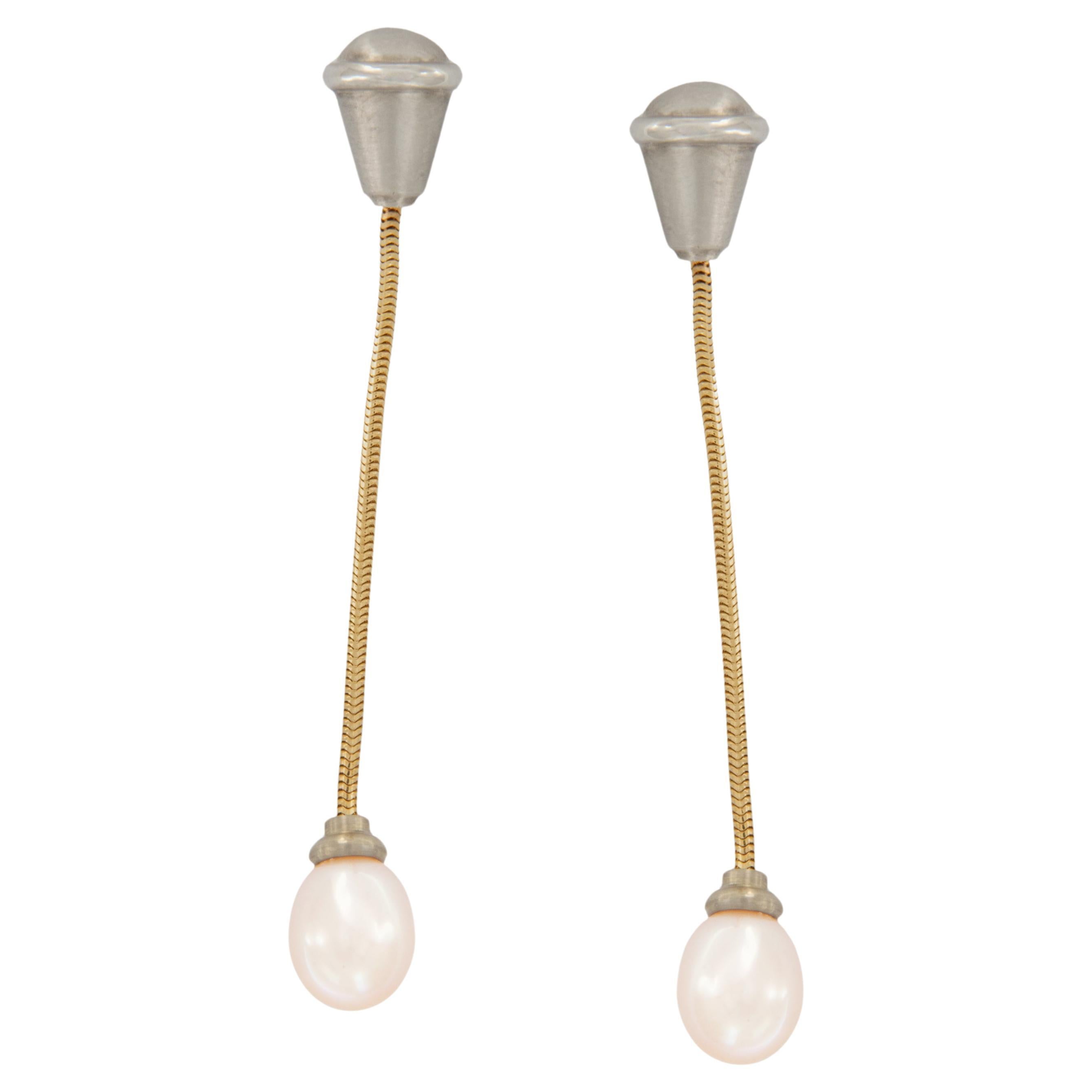 Pendientes Colgantes de Oro Amarillo de 18 Kilates y Oro Blanco Perla de Agua Dulce Melocotón