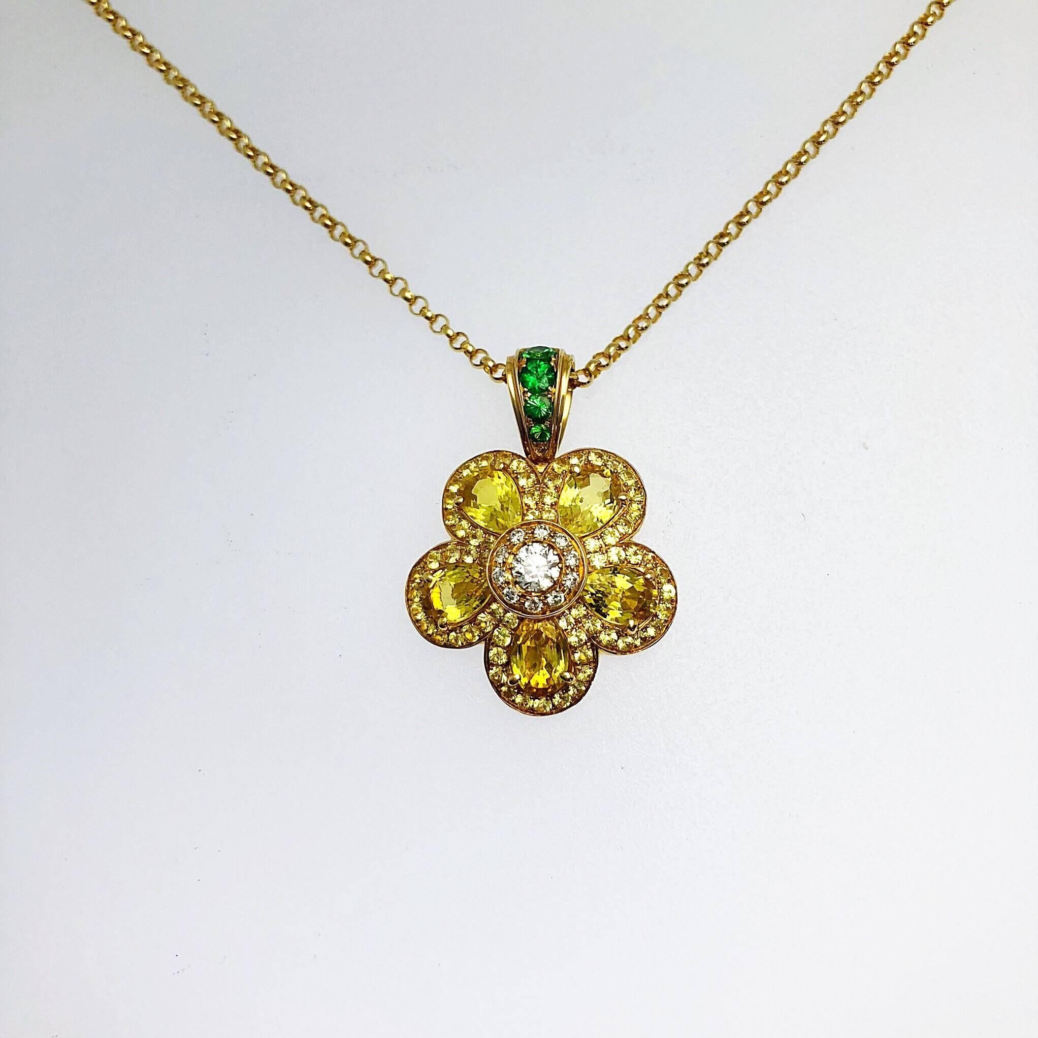 Cellini's  iconic Flower Power Pendant In Yellow Sapphire.  This stunning pendant is composed with five pear shaped yellow sapphires, with a round brilliant diamond center. Each petal and center are surrounded with micro pave. 
Flower measures