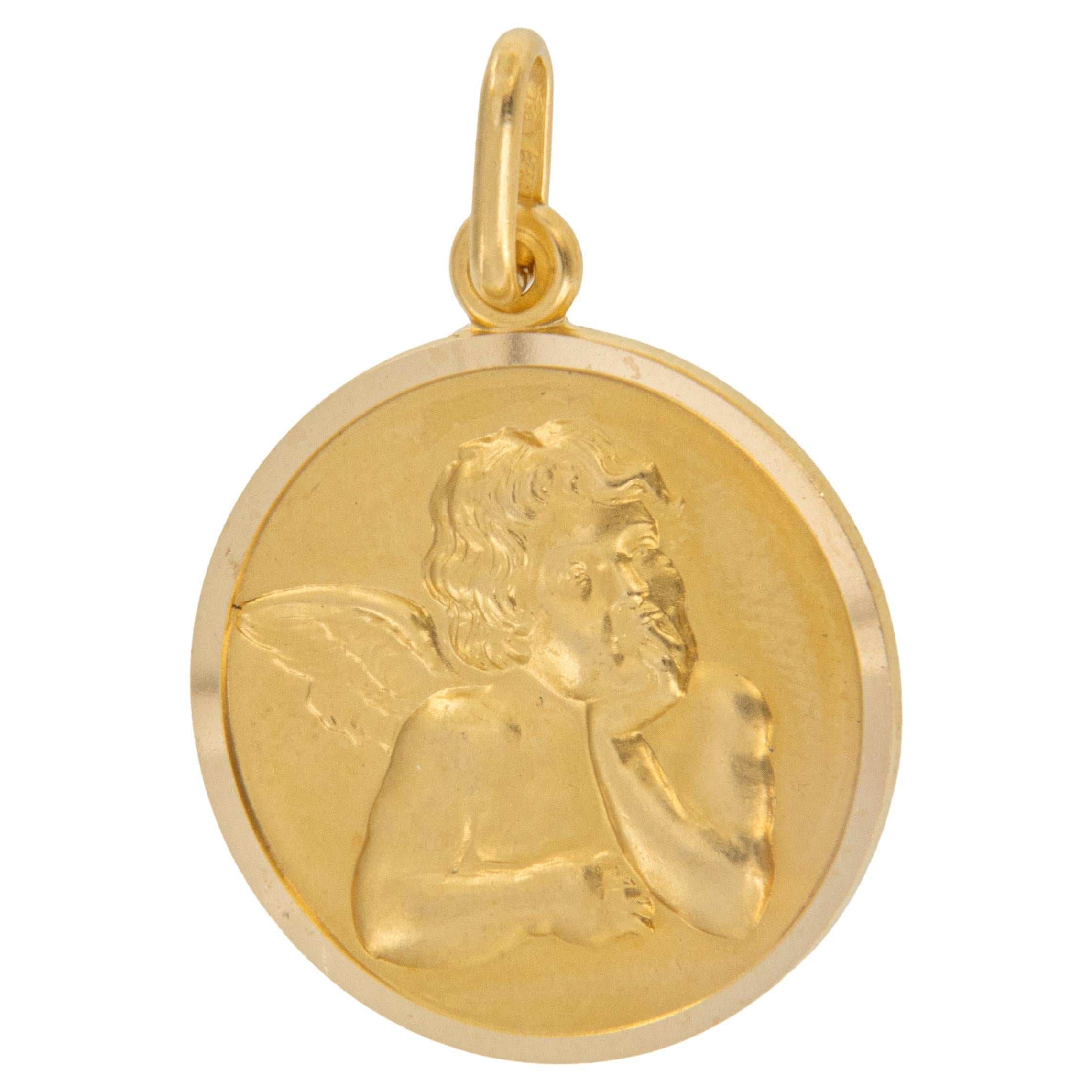 18 Karat Yellow Gold Angel Medal Charm Made in Italy