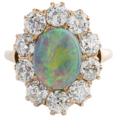 18 Karat Yellow Gold Antique Australian Opal and Diamond Cluster Ring