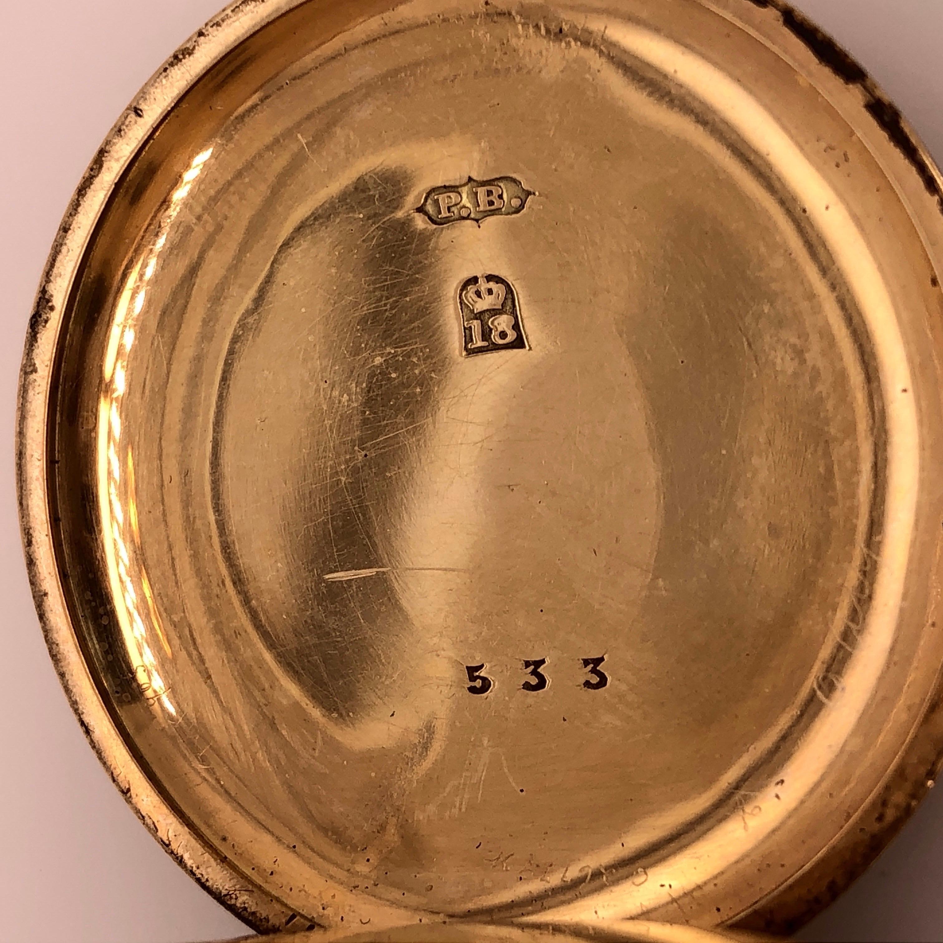 Breguet Paris Montre de poche ancienne en or jaune 18 carats avec cadran en porcelaine 8