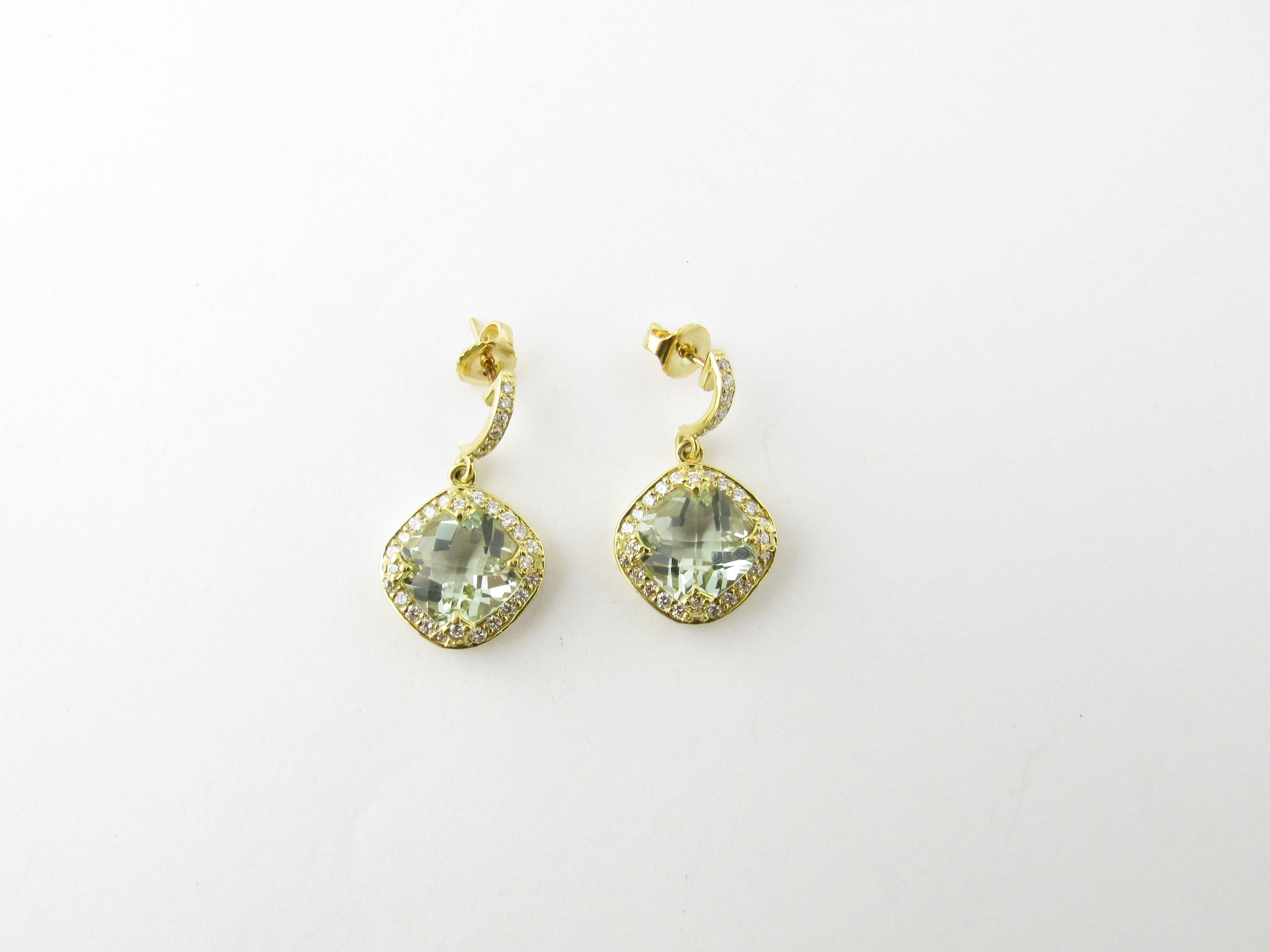 Vintage 18 Karat Yellow Gold Aquamarine and Diamond Earrings- 
These stunning dangling earrings each feature one square genuine aquamarine (10 mm x 10 mm) accented with 30 round brilliant cut diamonds and set in 18K yellow gold. 
Approximate total