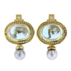 18 Karat Yellow Gold Aquamarine, Diamond and Pearl Earrings