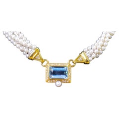 Vintage 18 Karat Yellow Gold Aquamarine Diamond and Pearl Necklace
