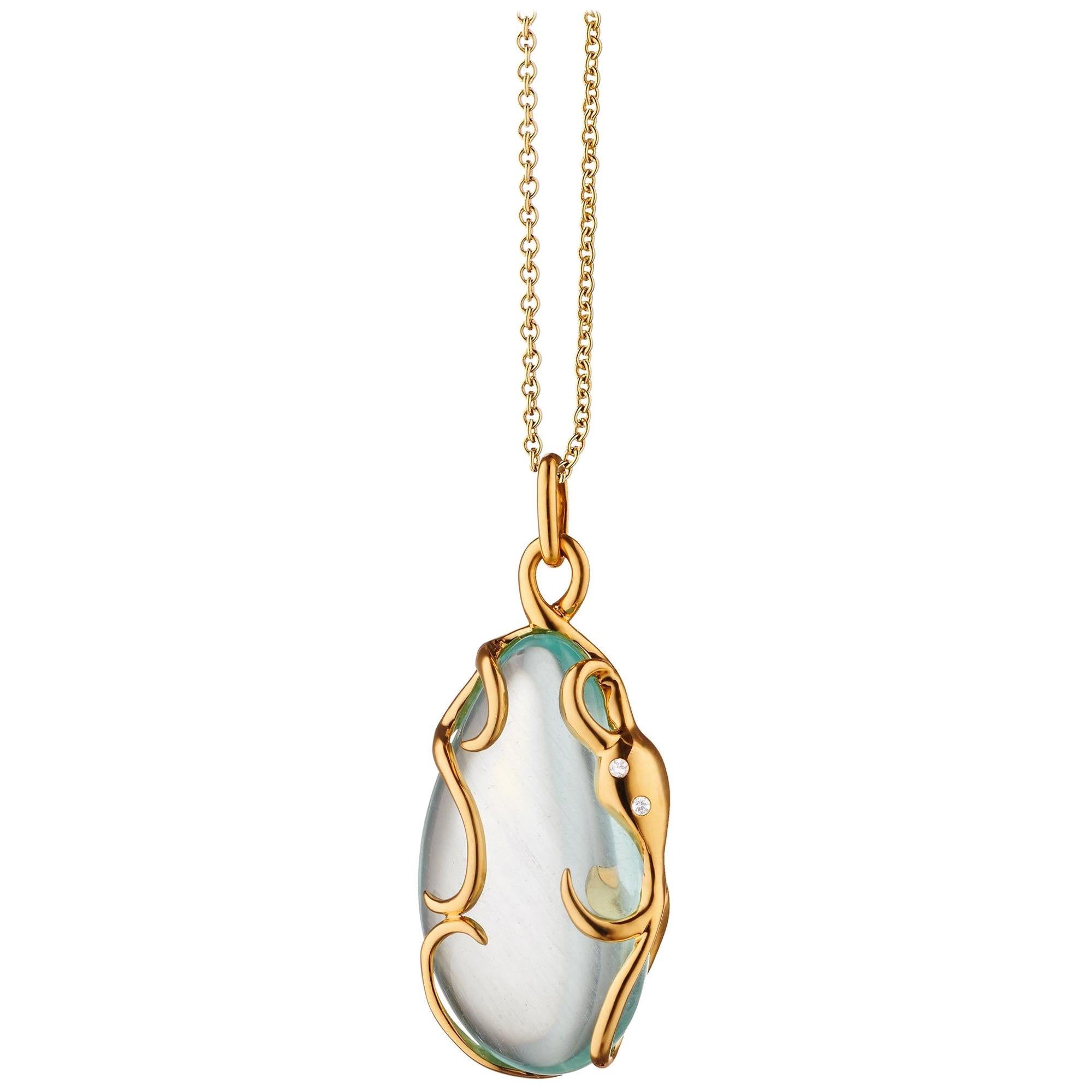 18K Yellow Gold "Intuition" Octopus Necklace with Aquamarine and Diamond accents