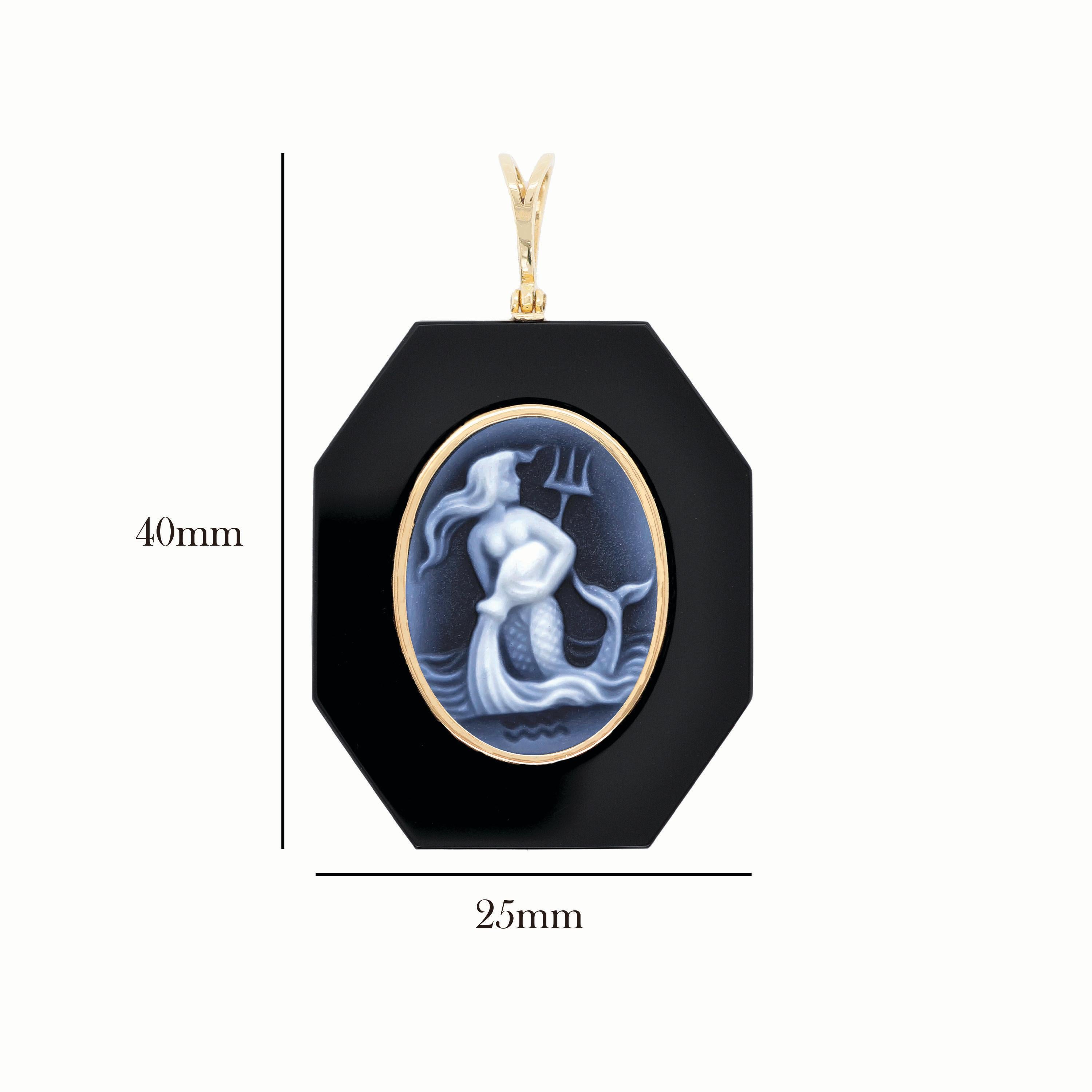 18 Karat Yellow Gold Aquarius Zodiac Agate Cameo Black Onyx Pendant Necklace For Sale 2