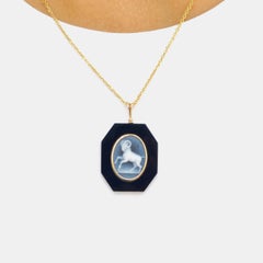 Aries Zodiac Agate Cameo Black Onyx Gold Pendant Necklace