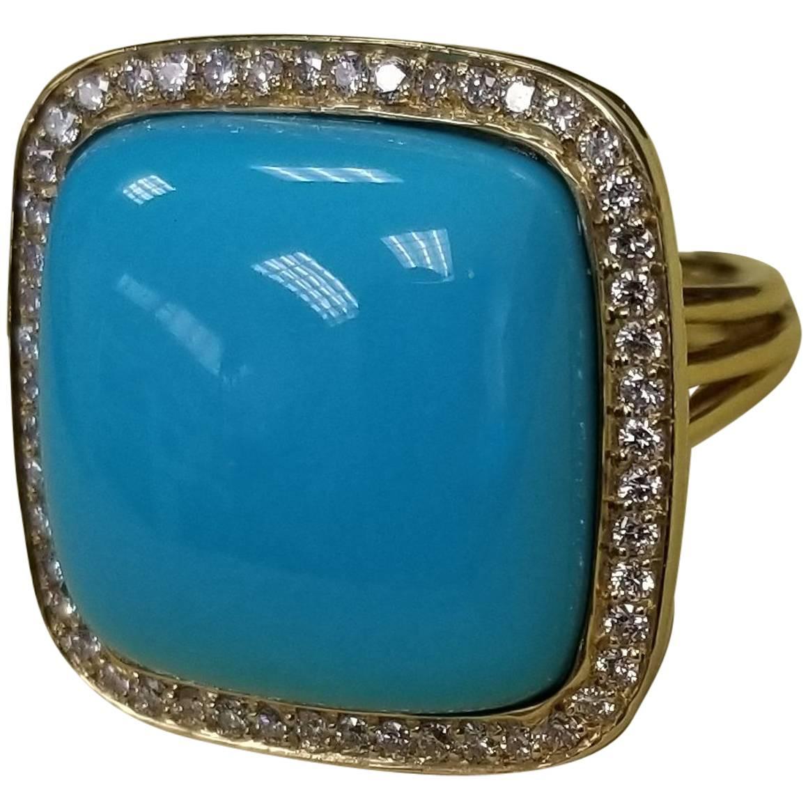 18 Karat Yellow Gold "Arizona" Turquoise with Pave Set Diamonds Surrounding
