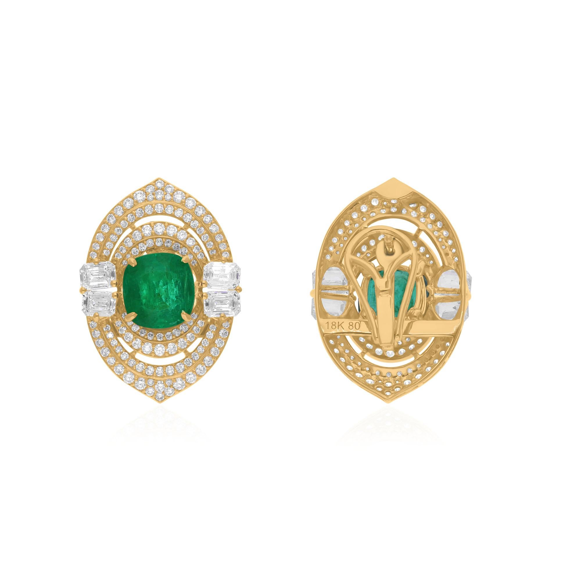 Boucles d'oreilles en or jaune 18 carats Art Deco 8.02Tcw Zambian Emerald Diamonds Stud Ears Pour femmes en vente