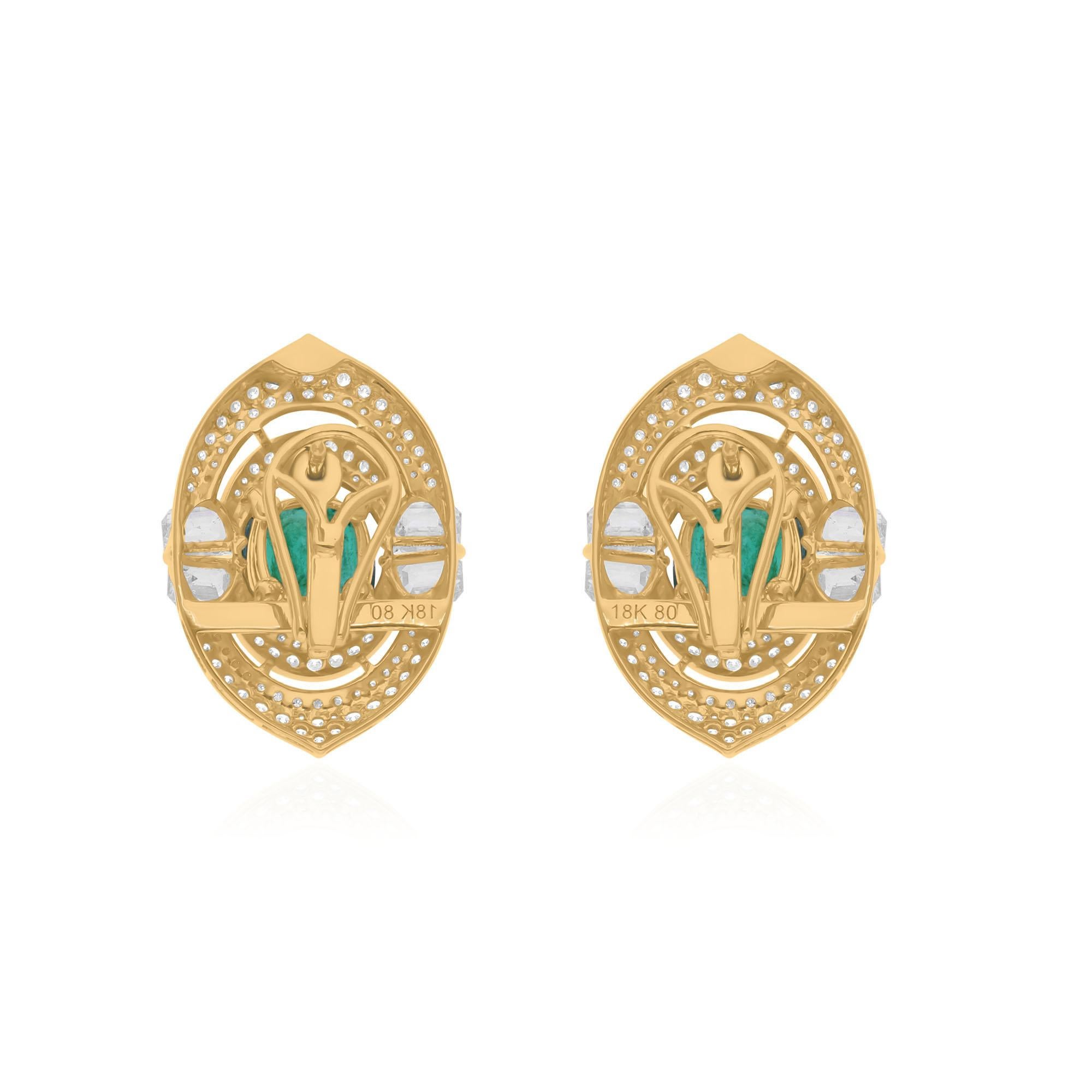 Boucles d'oreilles en or jaune 18 carats Art Deco 8.02Tcw Zambian Emerald Diamonds Stud Ears en vente 3