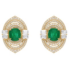 18 Karat Yellow Gold Art Deco 8.02Tcw Zambian Emerald Diamonds Stud Earrings