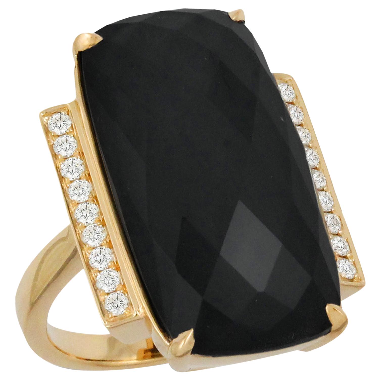 18 Karat Yellow Gold Art Deco Style Cocktail Ring Black Onyx and Diamonds For Sale