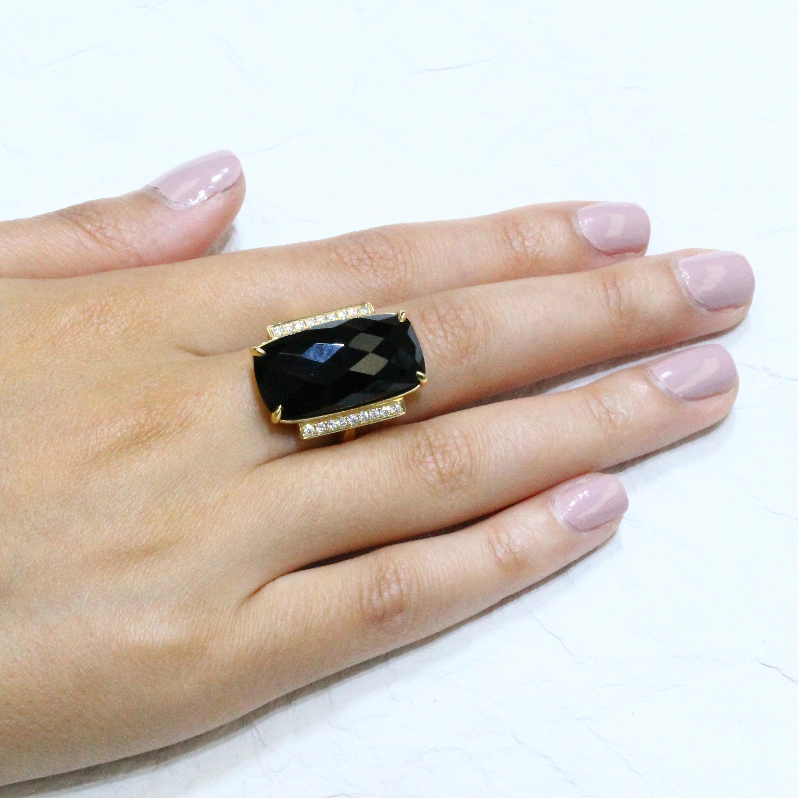 18K Yellow Gold Art-Deco style Ring featuring Checkerboard Faceted, Cushion Shaped Black Onyx and Diamonds. Solid shank. Finger size 6.5, adjustable upon request/quote. The Gatsby collection from Doves by Doron Paloma features exquisite art-deco