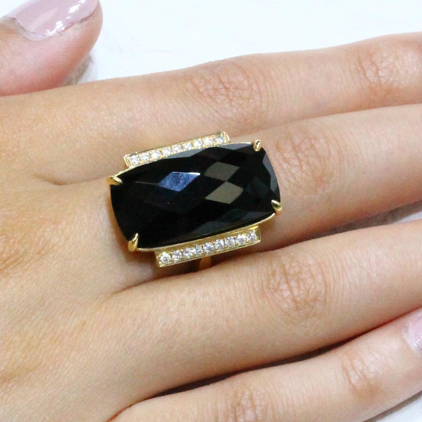 Cushion Cut 18 Karat Yellow Gold Art Deco Style Cocktail Ring Black Onyx and Diamonds For Sale