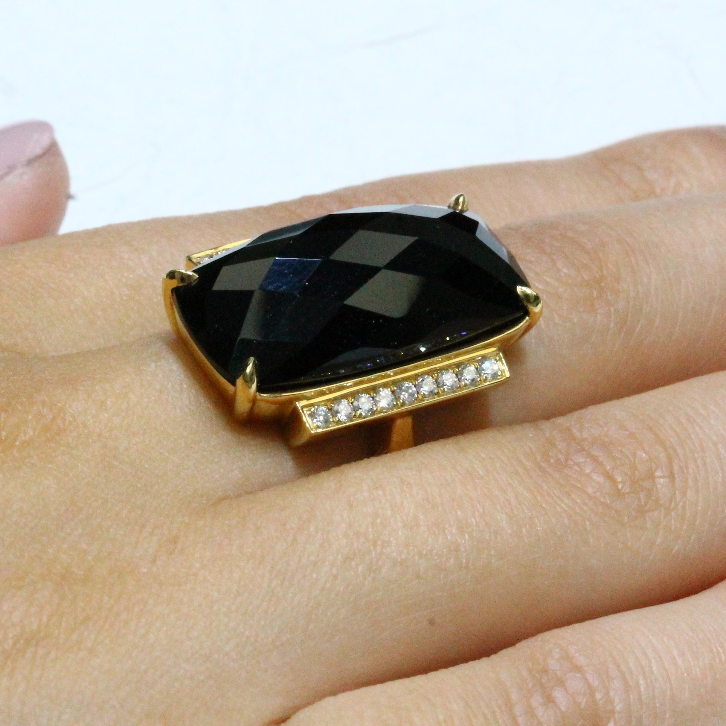 Women's 18 Karat Yellow Gold Art Deco Style Cocktail Ring Black Onyx and Diamonds For Sale