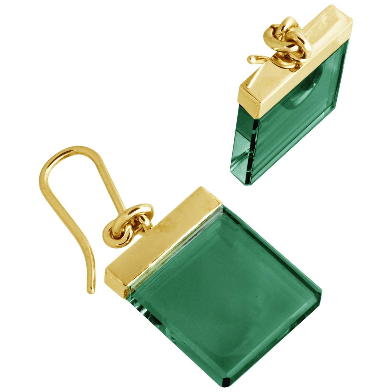 Eighteen Karat Yellow Gold Artisan Earrings with Green Quartzes For Sale