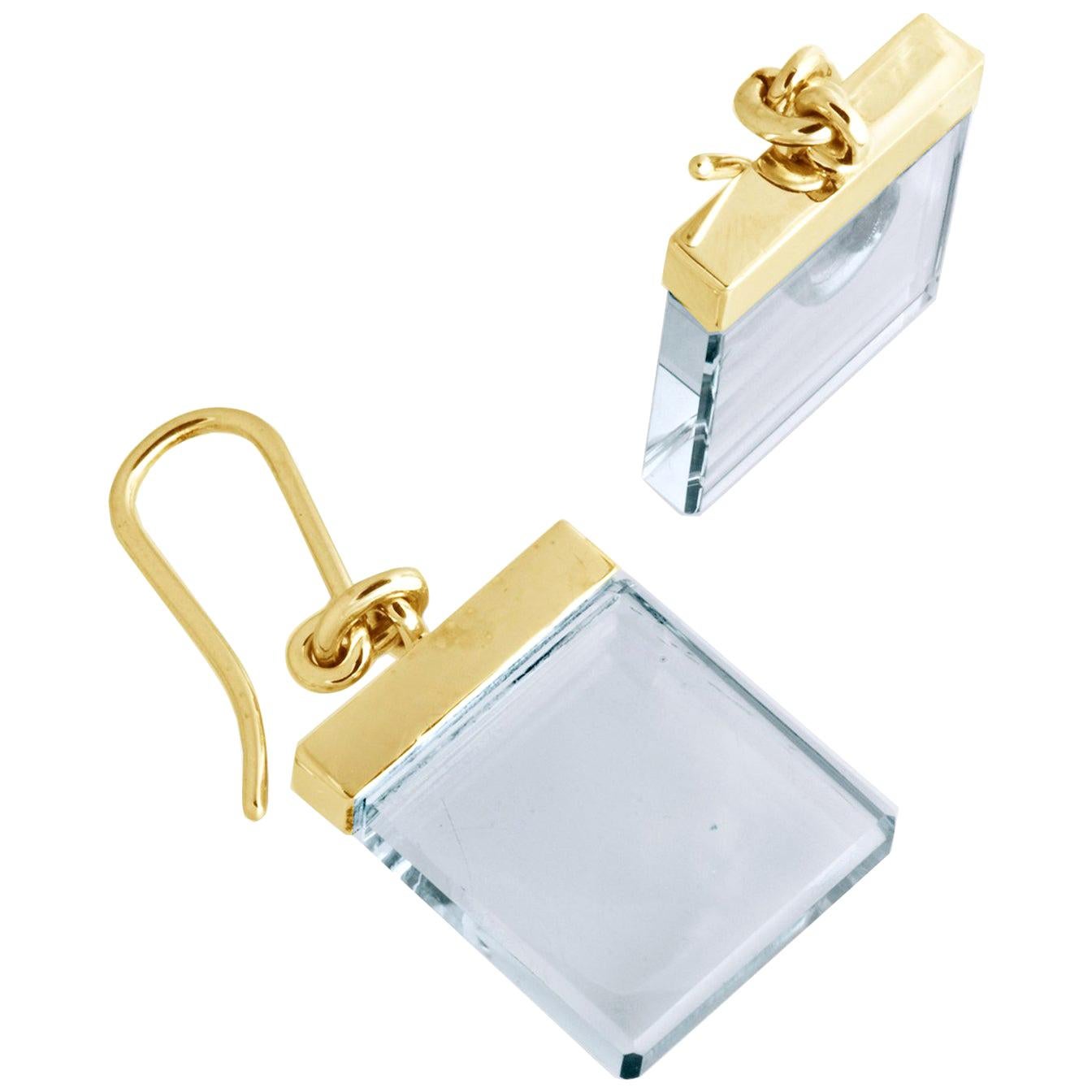 Yellow Gold Art Deco Style Earrings by Artist Light Blue Chalcedony For Sale