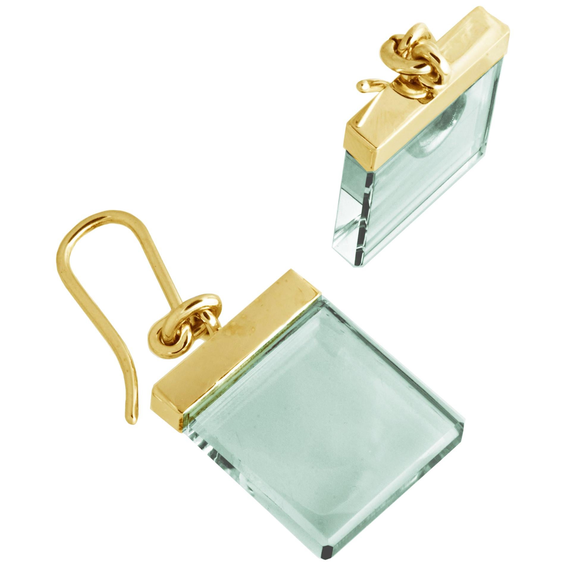 Eighteen Karat Yellow Gold Art Deco Style Earrings with Natural Green Quartz