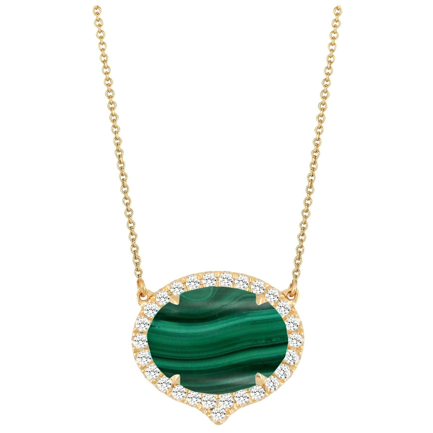 18 Karat Yellow Gold Art Deco Style Oval Necklace with Malachite & Diamonds For Sale
