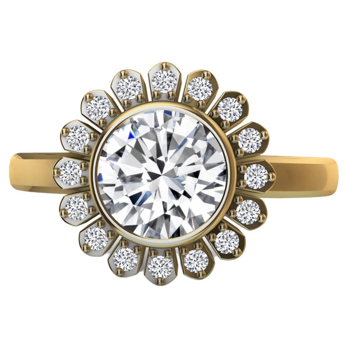 For Sale:  18 Karat Yellow Gold Art Deco GIA Diamond Inspired Flower Engagement Ring