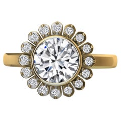 18 Karat Yellow Gold Art Deco GIA Diamond Inspired Flower Engagement Ring