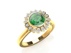 18 Karat Yellow Gold Art Deco Gia Emerald Inspired Flower Ring