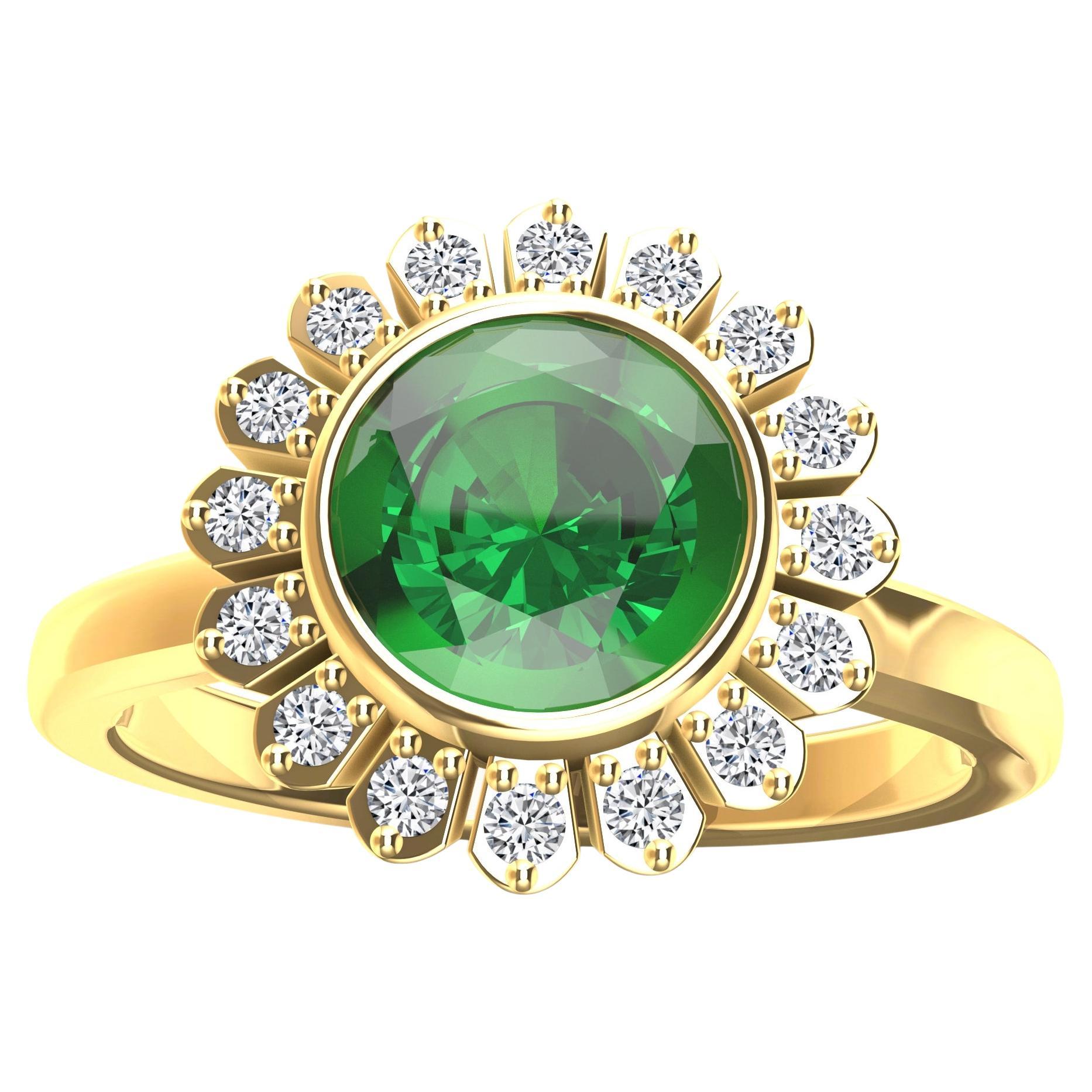 For Sale:  18 Karat Yellow Gold Art Deco Gia Emerald Inspired Flower Ring