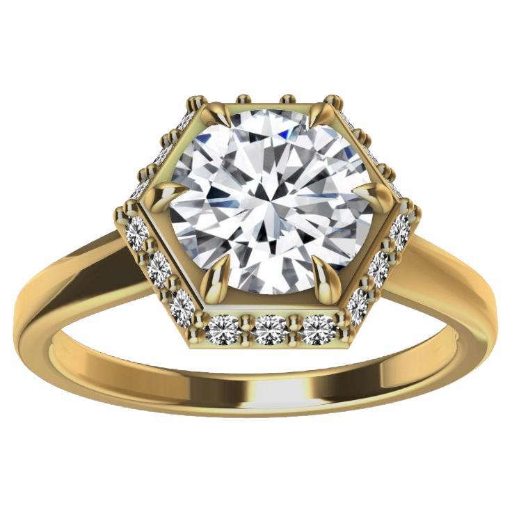 Sechseckiger Verlobungsring aus 18 Karat Gelbgold mit GIA-Diamant im Art déco-Stil