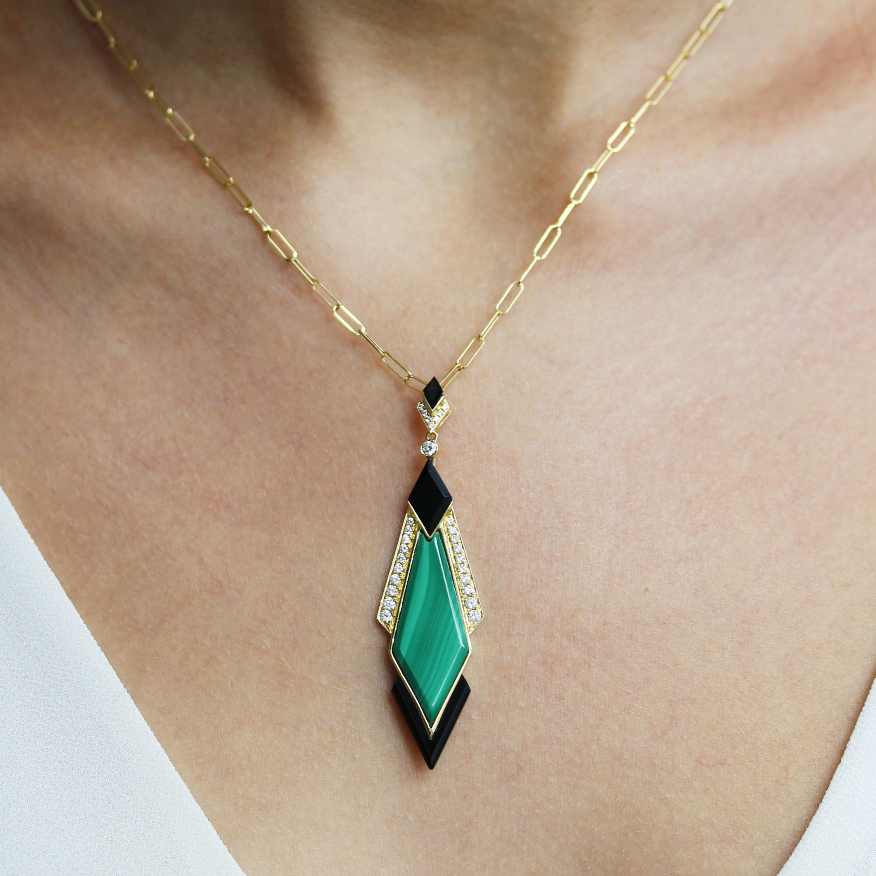 Art-Deco Style Necklace featuring Kite-Shaped Malachite, Black Onyx Inlay, and diamonds set in 18K yellow gold, hanging on an 18-inch Paperclip Chain. Malachite is stone of balance and abundance, and often called 