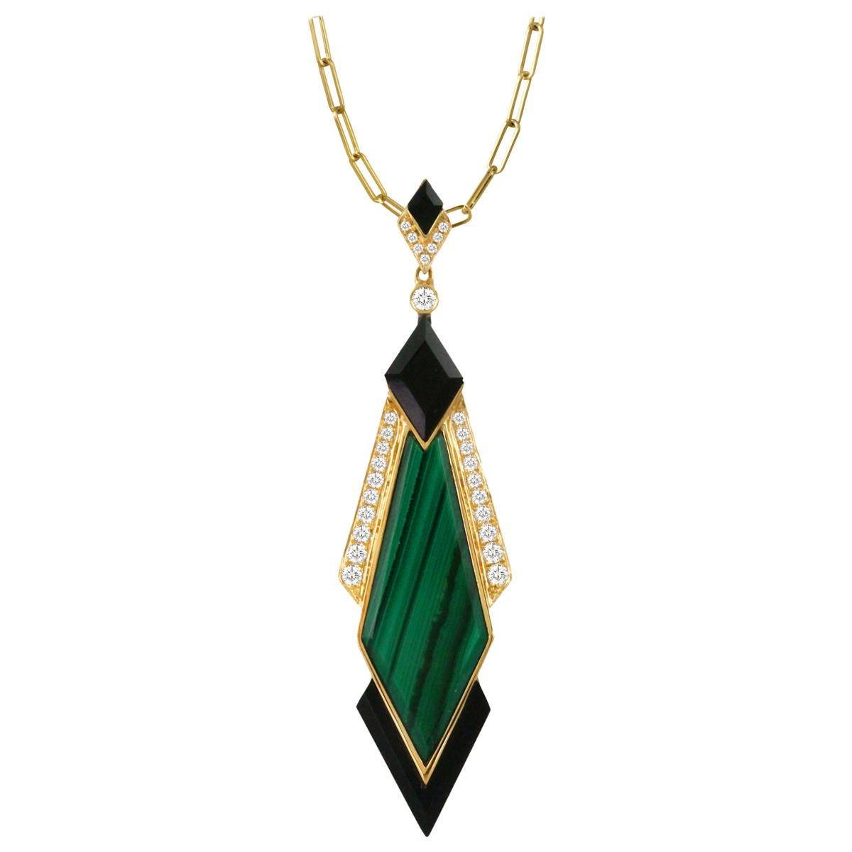 18 Karat Yellow Gold Kite Necklace w/ Malachite, Black Onyx & Diamonds For Sale