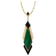 18 Karat Yellow Gold Kite Necklace w/ Malachite, Black Onyx & Diamonds