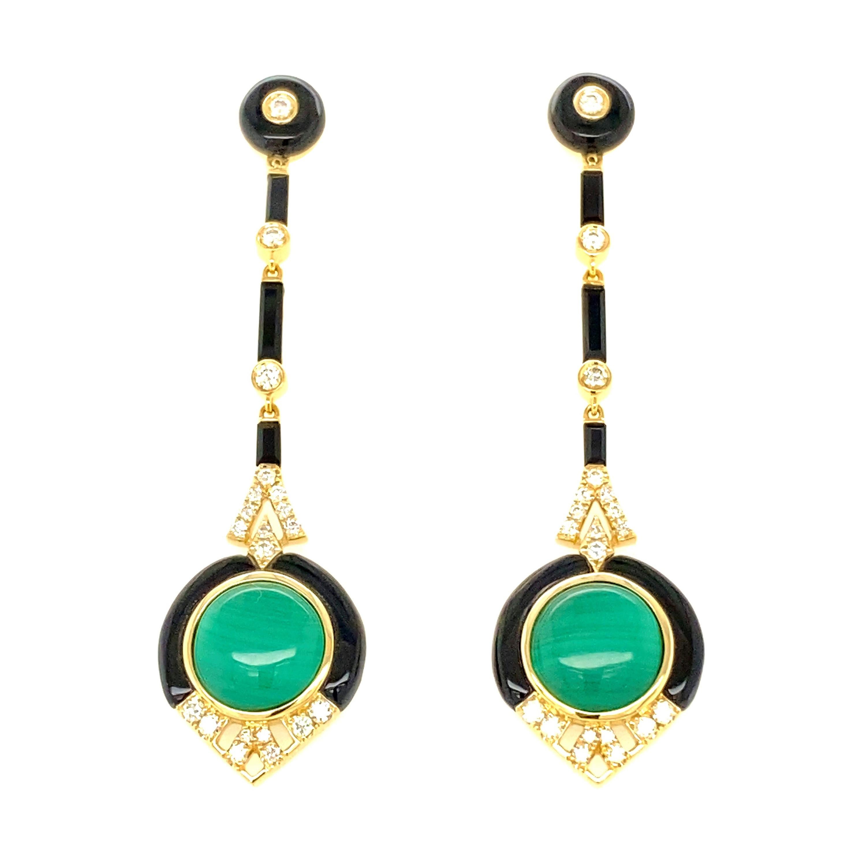  Art Deco Style Malachite and Black Onyx Earrings Diamonds 18 KT Yellow Gold