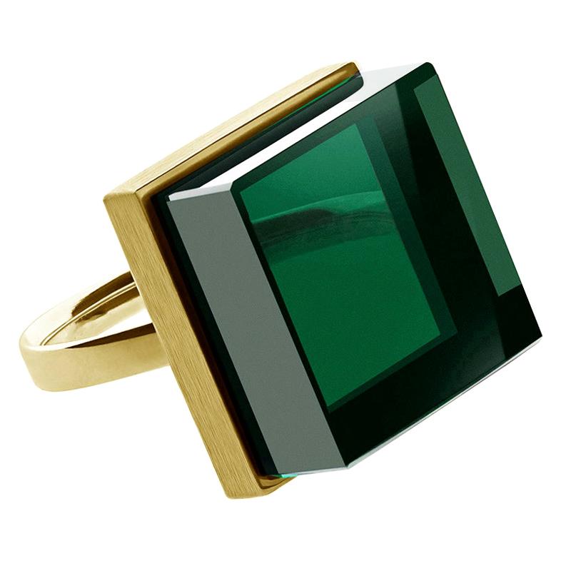 Featured in Vogue 18 Karat Yellow Gold Contemporary Ring with Green Quartz For Sale