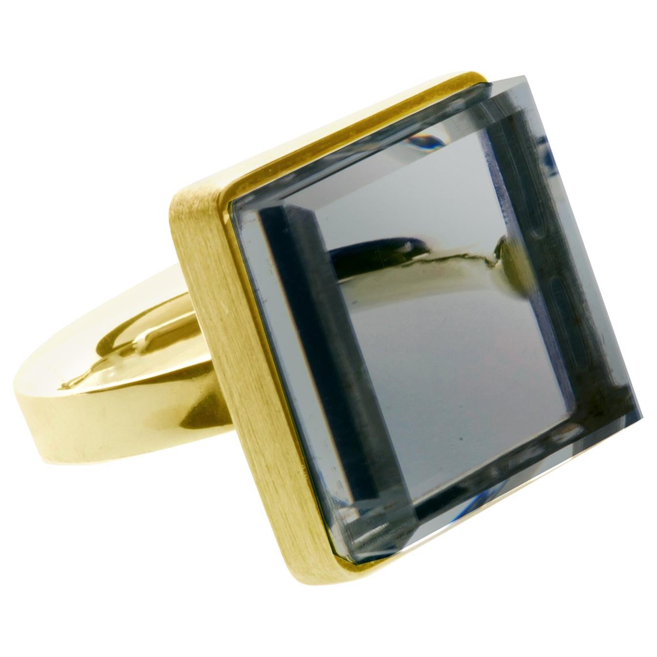 18 Karat Yellow Gold  Ring with Light Blue Quartz, Featured in Vogue