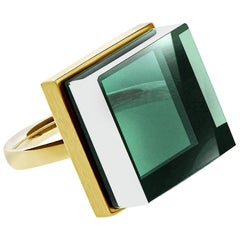 Eighteen Karat Yellow Gold Art Deco Style Ring with Green Quartz