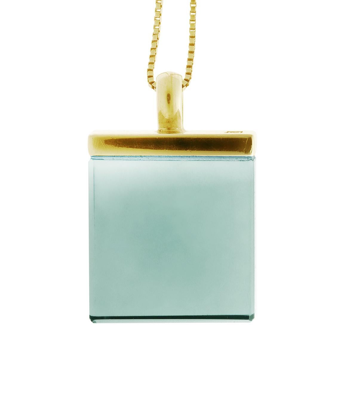 This art deco style pendant necklace is in 18 Karat yellow gold with the big 15x15x8 mm size natural green amethyst, cut for the artist. It belongs to the Ink collection, featured in Harper's Bazaar and Vogue UA published issues. This piece can be
